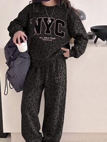 女童休閒極簡風加厚軟綿舒適圓領套頭運動衫與慢跑褲兩件套，適合秋冬 - 彩色 - 查看 6