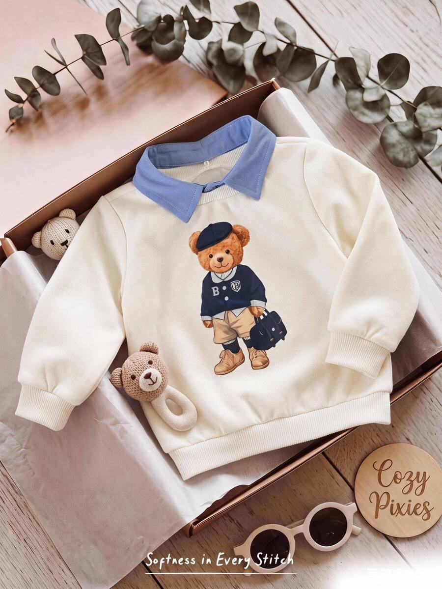 Cozy Pixies Baby Boys Sweatshirts Knit Crew Neck Pullover 2 In 1 Collar Sweatshirt Old Money Style Bear Front Print Thick Comfortable - Apricot - View 1