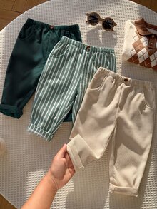 SHEIN 男女嬰兒/幼兒 3件組秋冬休閒百搭燈芯絨與條紋長褲多件組，嬰兒冬季下身褲，上學褲 - 彩色 - 查看 8