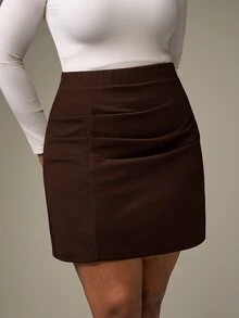 SHEIN Tall CURVE 大尺碼黑色彈性針織抓皺A字裙，優雅日常百搭款，適合冬季與秋季穿著 - 咖啡棕 - 查看 4