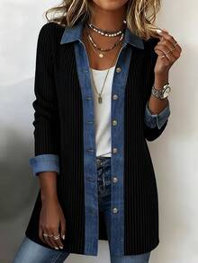 SHEIN LUNE American Vintage 2 In 1 Denim Patchwork Ribbed Long Shirt For Women, Collared Contrast Color Vertical Stripe Mid-Length Jacket - Black - View 3