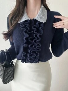 FRIFUL Women's Sweet Ruffle Trim Rhinestone Embellished Knit Cardigan - Black - View 4