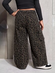 SHEIN 少女豹紋鈕扣工裝牛仔長褲 - 彩色 - 查看 8