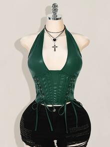 SHEIN ICON 大尺碼女款 PU 皮革掛脖式金屬孔綁帶束腰上衣，Y2K 哥德風棕色夏季夜店聚會人造皮革 V 領繫帶背心 - 墨綠色 - 查看 3