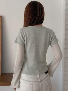 Livesso Women's Sweet Fashion Patchwork Long Sleeve Sweater - Baby Blue - View 2