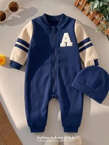Cozy Pixies 男嬰拼接色字母貼布抓絨運動衫連身褲長褲，適合秋冬、室內/戶外、休閒百搭、時尚學院風、假日、開學季 - 彩色 - 查看 2
