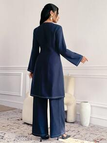 Veilorie Women's Casual 2 Pieces Set With Metal Waist Design Asymmetric Hem Shirt And Long Pants - Blue - View 2