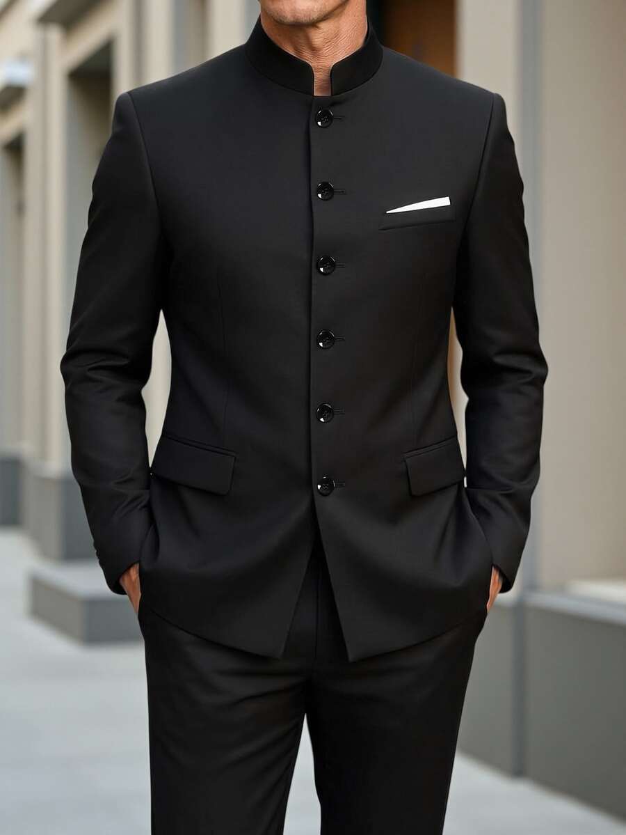 Manfinity Mode Setelan Jas Pria Hitam Gaya Cina Slim Fit Kerah Tegak, Desain Detail Sapu Tangan Saku Putih, Setelan Jas Bisnis Dewasa Kancing Tunggal - Hitam - View 1