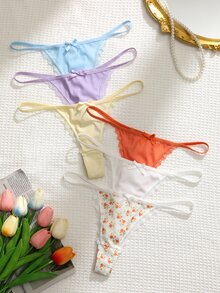 SHEIN 5件裝蕾絲拼接蝴蝶結低腰女款丁字褲 - 彩色 - 查看 1