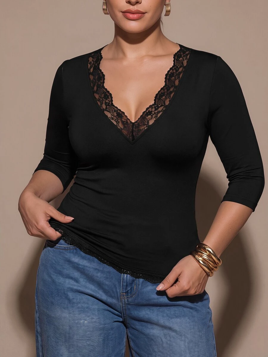 SHEIN BAE CURVE 大尺碼女款黑色中袖蕾絲上衣 - 黑色 - 查看 1
