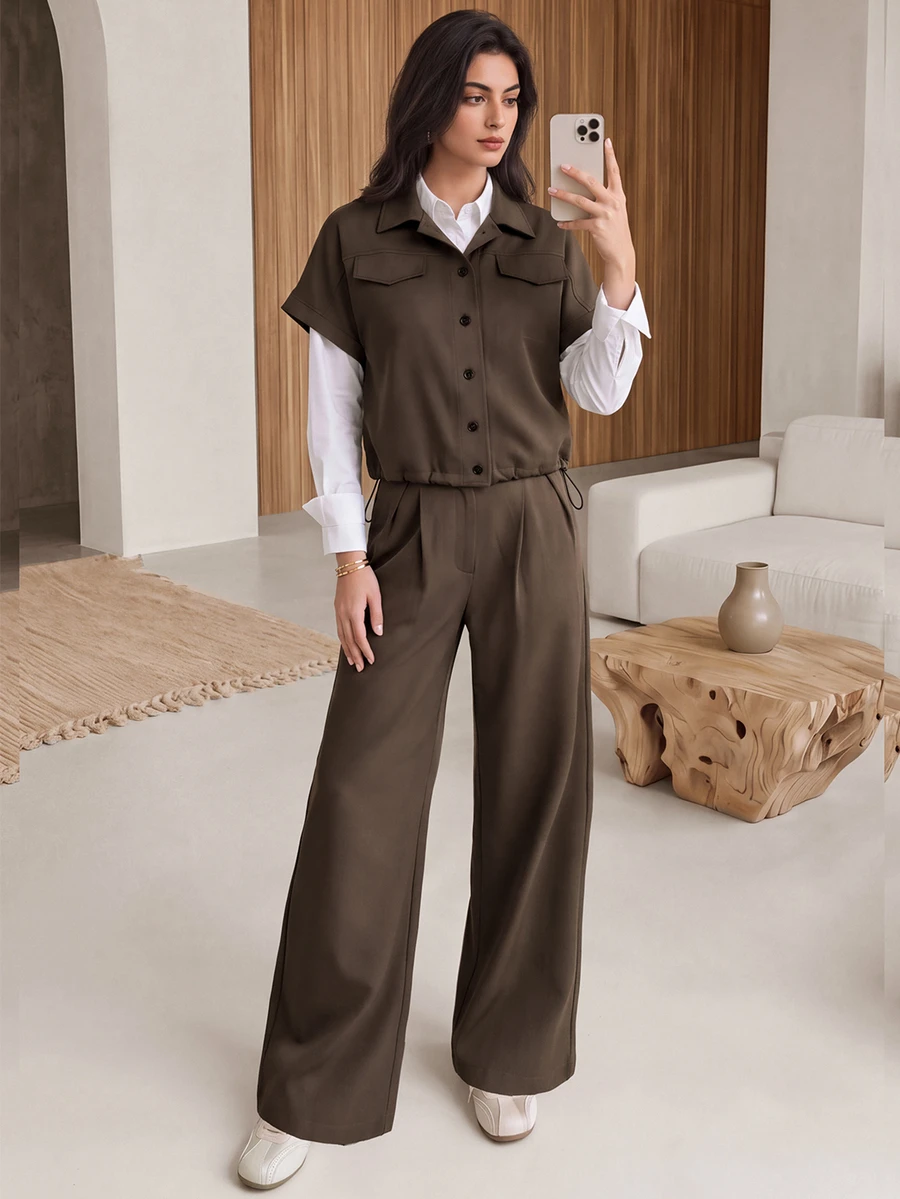 Rue Lumi Flap Detail Batwing Sleeve Shirt & Wide Leg Pants Without Blouse - Brown - View 1
