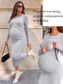 SHEIN 女款純色圓領哺乳功能休閒日常夏秋洋裝 - 綠色 - 查看 11