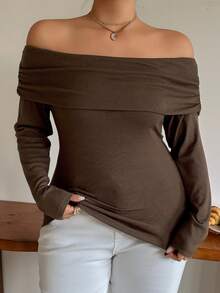 Livesso Off-Shoulder Ruched Long Sleeve Slim Fit Coffee Brown Solid Color Base Layer T-Shirt - Brown - View 6