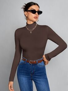 SHEIN Tall 簡約純色修身高領白色上衣，適合秋冬，高個女性穿著 - 巧克力棕 - 查看 6