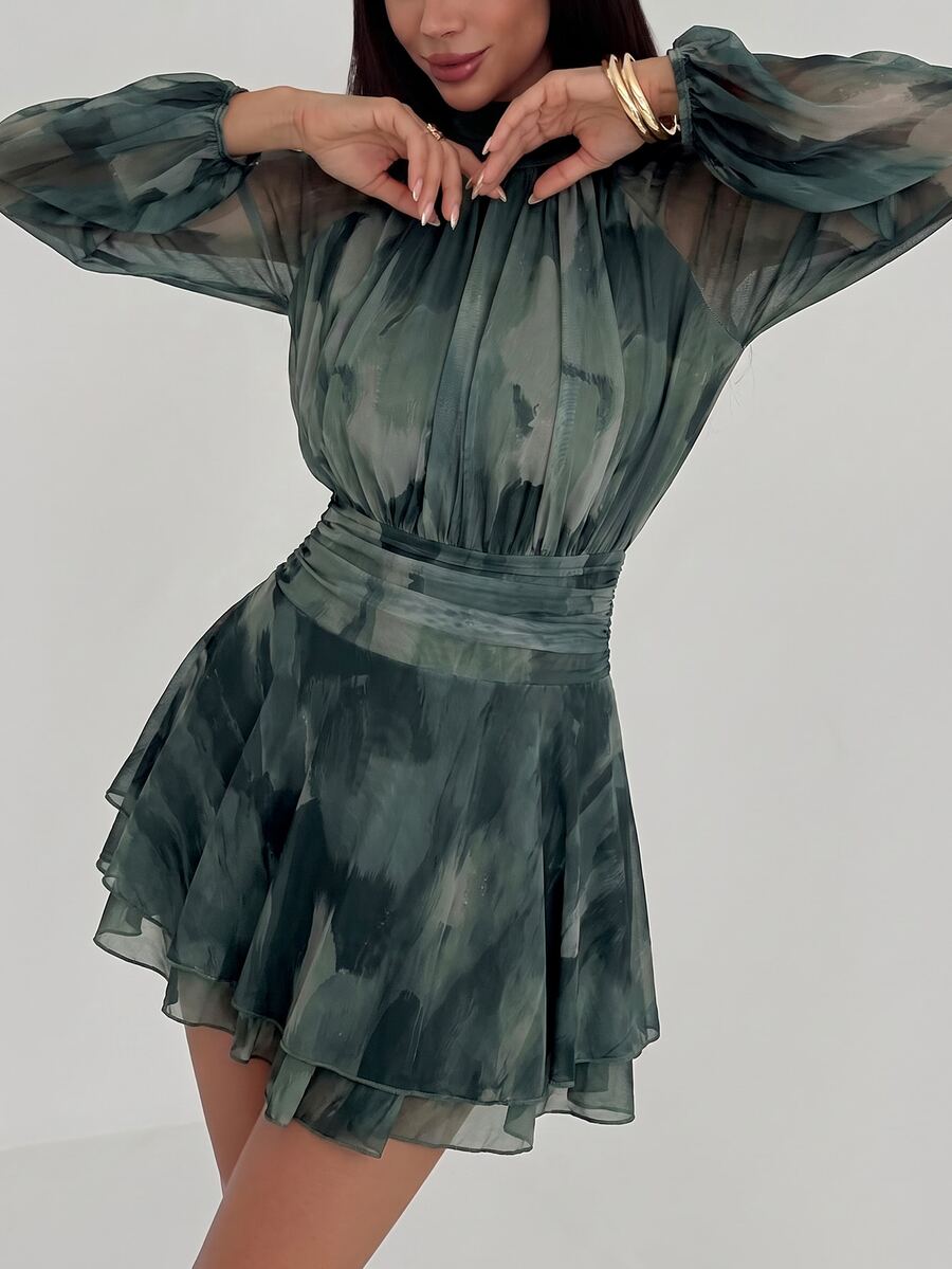 Aloruh 女款粉色花卉秋季優雅浪漫婚禮晚宴約會Ninang網紗印花長袖立領繫腰A字傘裙派對洋裝 - 軍綠色 - 查看 1