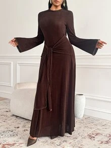 Veilorie Women's Beaded Decor Tie-Up Arabian Dress - Brown - View 3