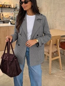 Easowa 女款格紋休閒優雅百搭日常通勤旅行風衣外套 深褐色 秋冬 - 黑與白 - 查看 1