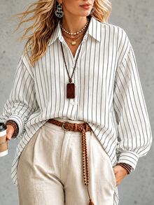 Ceyna Plus Striped Print Drop Shoulder Oversize Lantern Sleeve Shirt Fall - White - View 4