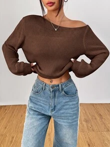 SHEIN PETITE 白色女款長袖套頭毛衣，可披肩穿著，適合秋冬，適合嬌小女性 - 摩卡棕 - 查看 6
