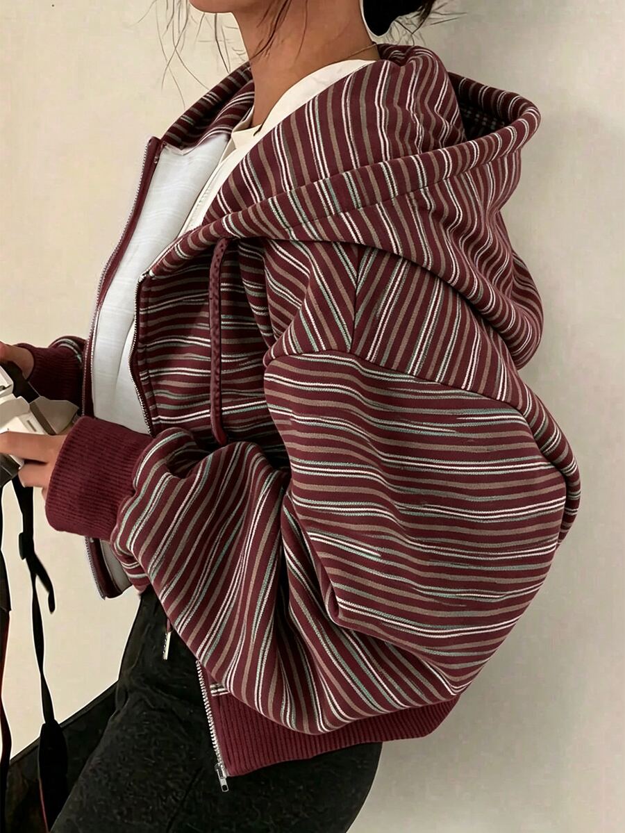 SHEIN x Carly Lawrence INAWLY 女款純色灰色抓絨連帽抽繩運動衫,長袖休閒上衣,秋季返校季畢業季教師運動衫 - 酒紅色 - 查看 1