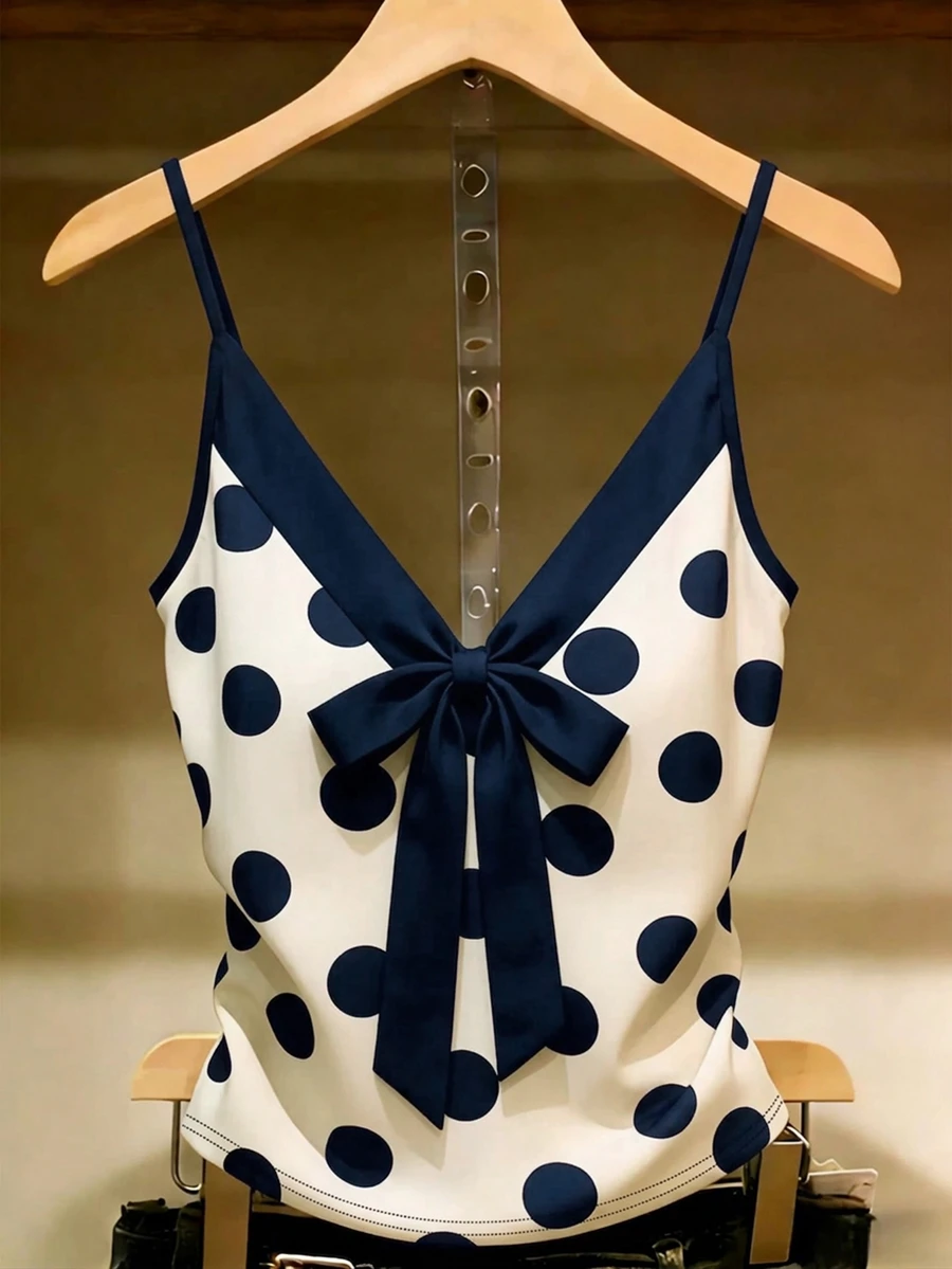 GlowEve Women's Elegant Polka Dot Print Bow Decor Cami Top For Summer - Navy Blue - View 1