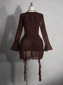 SHEIN ICON 大尺碼復古性感休閒 Y2K 都市現代時尚 個性優雅通勤派對夜會 荷葉邊緞帶喇叭袖黑色網紗洋裝 秋季 - 棕色 - 查看 2