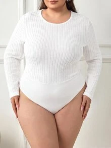 SHEIN CURVE+ Plus Size Women Solid Color Casual Versatile Daily Wear Long Sleeve Bodysuit Winter - White - View 6