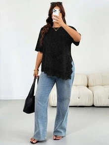 Shapeblank Plus Size Women's Spring/Summer Fashion Casual Loose Elastic Comfortable Daily Basic Versatile Slimming Lace Trim Asymmetrical Hem - Dark Grey - View 6