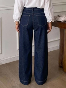 Dazy Plus Quần jean dài ống rộng suông rộng dáng lỏng nhiều nút, mài rách phong cách vintage, mặc quanh năm mùa thu - Rửa tối - Xem 2