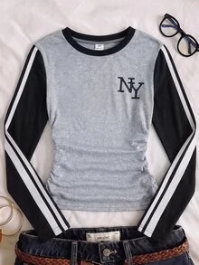 SHEIN 青少年女孩休閒T恤 兒童拼色設計搭配紐約印花圖案 日常穿著 - 彩色 - 查看 1