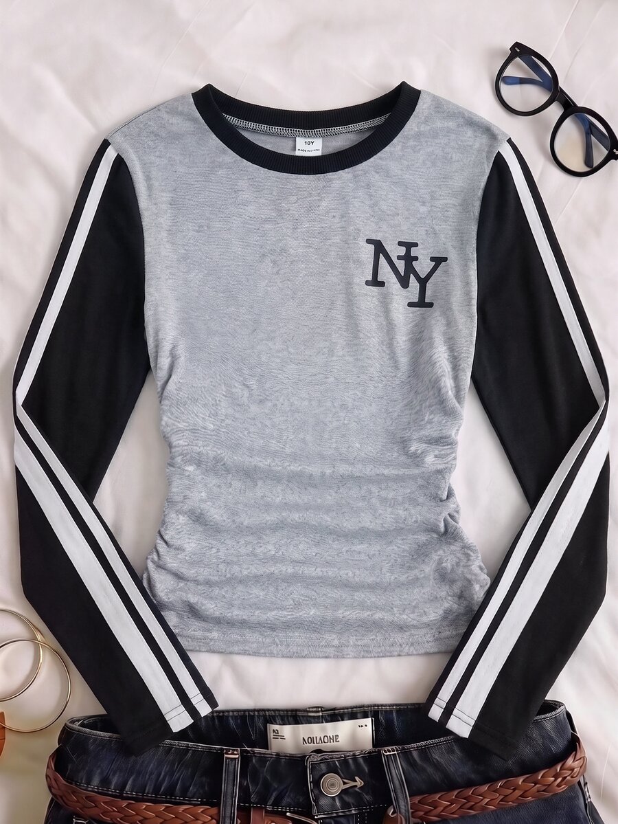 SHEIN 青少年女孩休閒T恤 兒童拼色設計搭配紐約印花圖案 日常穿著 - 彩色 - 查看 1