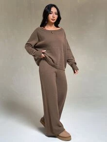 SHEIN PETITE طقم نسائي خريف/شتاء كنزة صوفية بأكمام طويلة وبنطال محبوك بخصر برباط بلون الجمل - قهوة بني - مشاهدة 4