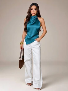 SHEIN PETITE 女款性感露背掛脖上衣，優雅適合派對之夜、通勤與度假，夏季上衣，小碼女款棕色 - 水鴨藍 - 查看 1