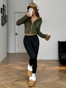 SHEIN EZwear 女款秋冬新款純色長袖短版休閒簡約連帽毛絨外套，居家日常穿著，白色，適合夜晚與假期 - 軍綠色 - 查看 7