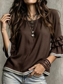Glimmora Women's Summer Autumn New Contrast Color French Casual Loose Ruffle 3/4 Flare Sleeve Plus Size Blouse Fall - Brown - View 4