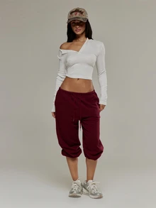 Musera Sport Elasticated Tie Cropped Loose Fit Capri Pant Gym Pilates Workout Active Cute Daily - Burgundy - View 1