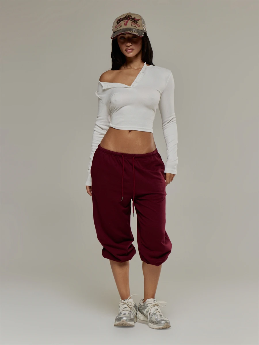 Musera Sport Elasticated Tie Cropped Loose Fit Capri Pant Gym Pilates Workout Active Cute Daily - Burgundy - View 1