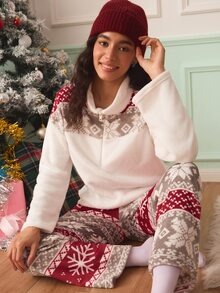 Chillnights Set Piyama Wanita Motif Salju Natal Warna Blok Mewah Lengan Panjang Kerah Bulat - MultiWarna - View 5