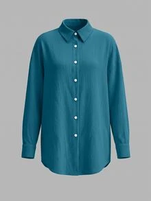 SHEIN 度假風白色椰子樹鏤空刺繡寬鬆沙灘襯衫洋裝 - 藍色 - 查看 4