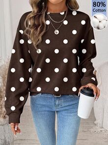 SHEIN LUNE 80%棉女款圓領寬鬆長袖棕色波點運動衫，休閒極簡復古優雅通勤百搭舒適，女款秋季服飾，秋季穿搭，女款通勤穿搭，百搭上衣，外出穿搭，機場穿搭 - 彩色 - 查看 1