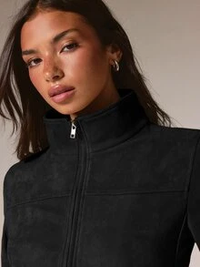 Athîral Women's Soft Faux Suede Funnel Neck Long Sleeve Hip Length Camel Casual Chic Zip-Up Jacket For Fall Winter, Daily, Office, Going Out,Christmas - Black - View 3