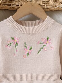 SHEIN 女嬰女童針織套頭圓領長袖毛衣洋裝，舒適秋季/冬季穿著，綠色/深綠色，優雅淑女風，刺繡重工，時尚時髦 - 卡其色 - 查看 6