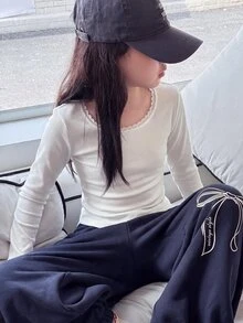 SHEIN Tween少女羅紋圓領彈性修身百搭簡約長袖T恤，舒適穿著 - 白色 - 查看 7