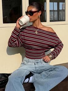 Muchica 女款秋季新款復古條紋T恤，休閒日常蝙蝠袖不對稱領上衣，復古學院風條紋印花街頭穿搭，適合秋冬/夏季，適用於日常通勤、約會、聚會、派對、婚禮、海灘、畢業典禮等場合，優雅休閒，適合出遊，Y2K風格 - 彩色 - 查看 2