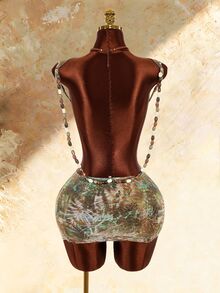 Amplova Women's Cowl Neck Beaded Backless Sheer Swimsuit Cover-Up, Versatile Multi-Color Retro Sexy Avant-Garde Style - Multicolor - View 2
