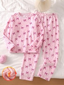 2件組女童幼兒秋冬時尚優雅新款淡粉色圓點蝴蝶結印花雙面法蘭絨長袖上衣與長褲套裝，加厚抓絨面料居家服 - 淺粉色 - 查看 4