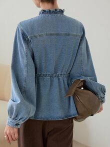 Dazy-Less Autumn Cotton Medium Wash Blue Lapel Collar Button Pocket Decor Washed Loose Long Sleeve Women's Denim Top - Medium Wash - View 2