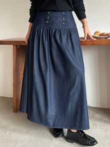 Dazy Plus Double-Breasted Design Long Loose Elegant Denim Skirt - Dark Wash - View 8