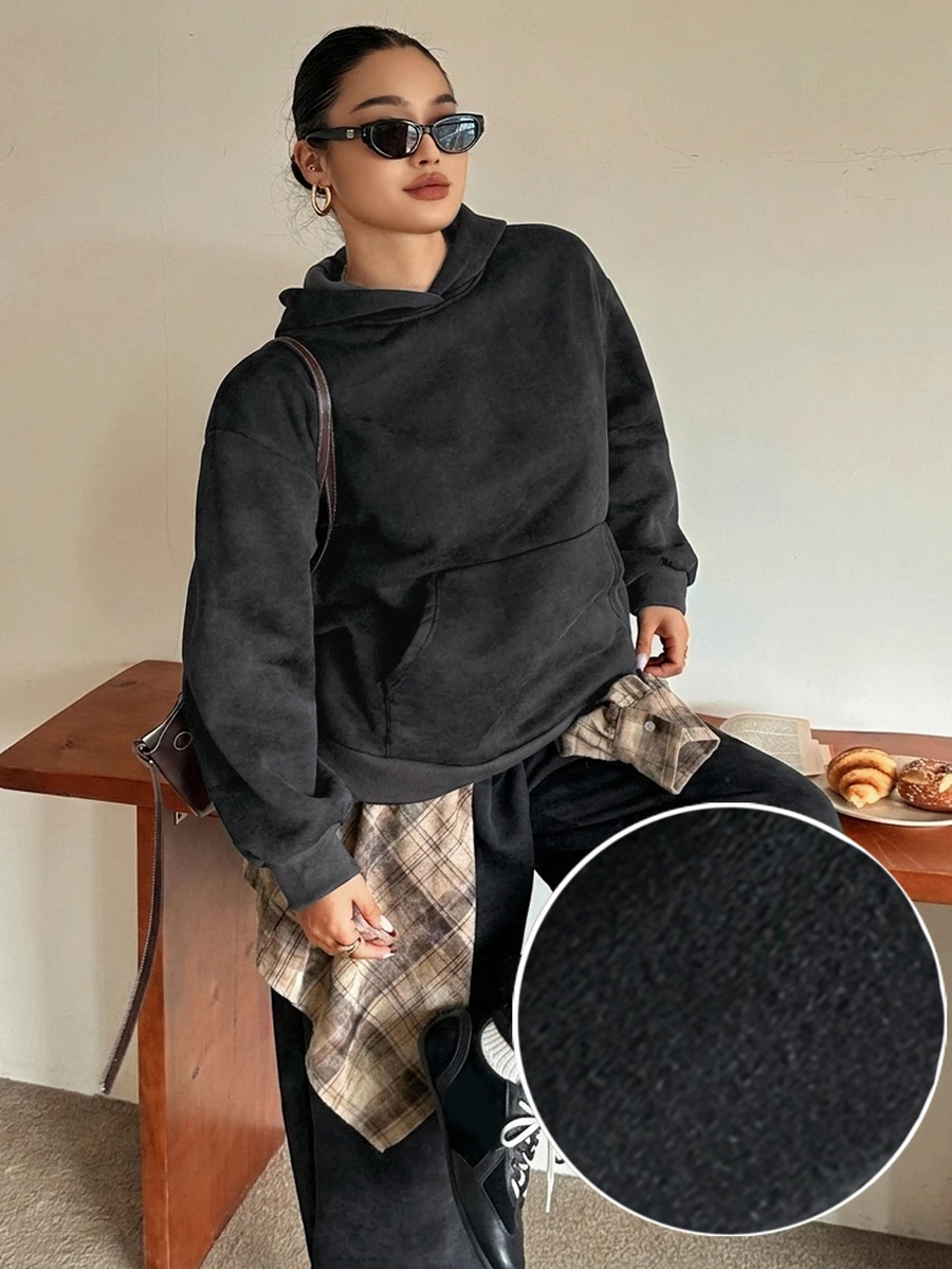 Dazy Plus Hooded Girl Casual Korean Style Thermal Lined Loose Sweatshirt And Sweatpants 2 Pieces Set - Dark Grey - View 1