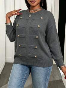 Modelyn Plus Size Women's Napoleon Style Metal Button Long Sleeve Pullover Sweater, Autumn/Winter Fashion Elegant Solid Color Loose Fit Versatile Knit Top - Dark Grey - View 7